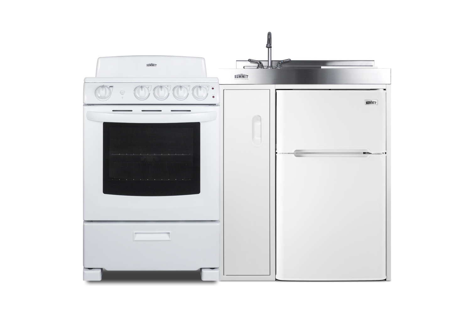 54 inch wide all-in-one kitchenette with 220V 4-element electric coil range, refrigerator-freezer, sink, cutting board and cutlery storage, and a storage cabinet